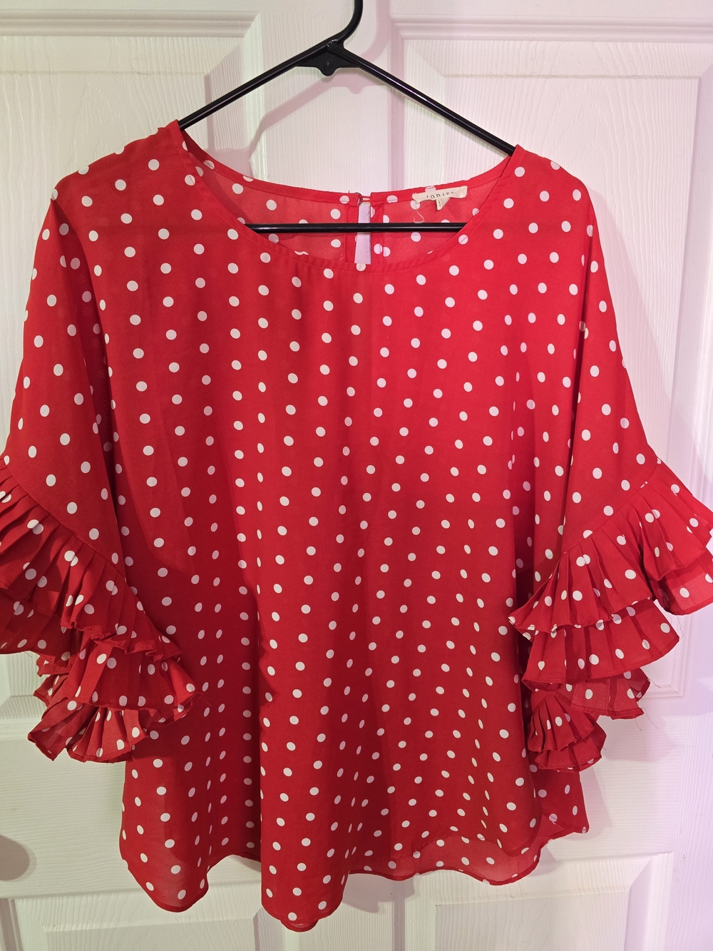 JODIFL Red Polka Dot Ruffle-Sleeve Blouse